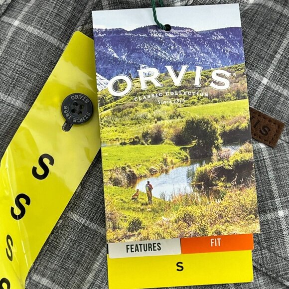 Orvis Mens Small Short Sleeve Woven Tech Shirt Grey Windowpane Check Casual New - Picture 4 of 9